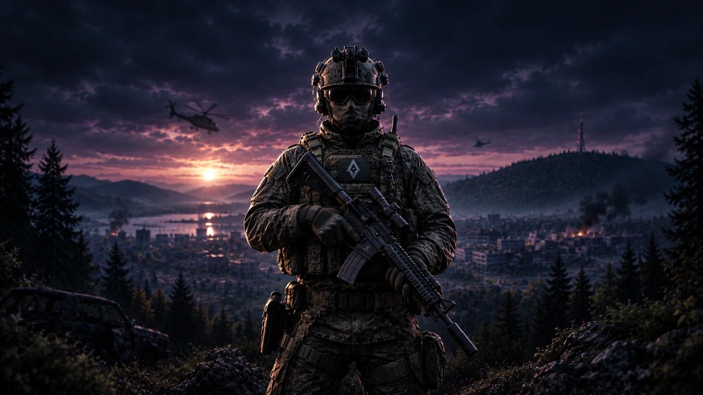 Delta Force operator in tactical gear holding a rifle, with helicopters and a burning valley at sunset.